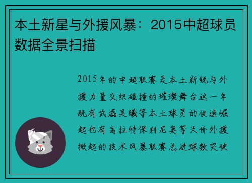 本土新星与外援风暴：2015中超球员数据全景扫描