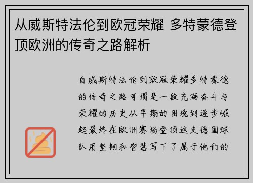 从威斯特法伦到欧冠荣耀 多特蒙德登顶欧洲的传奇之路解析